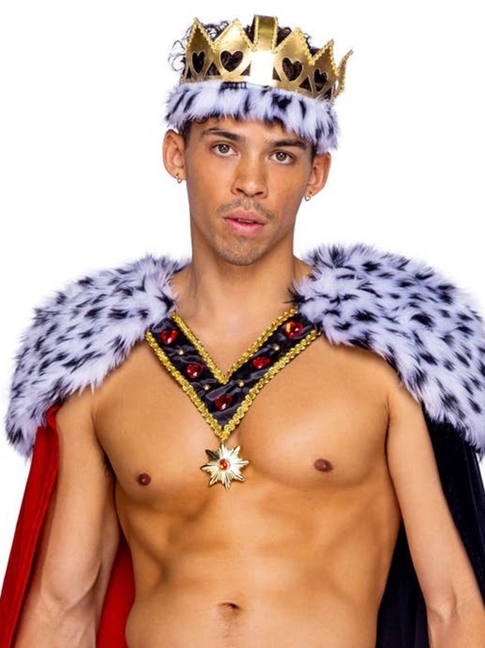 3 PC Men's Red Black White Leopard Faux Fur King Cape Crown Shorts Costume Set